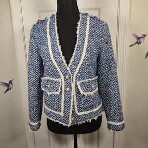 AQUA Blue & White Tweed Fringed Pearl Button Blazer Jacket Size XS
